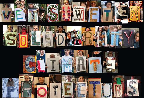 Individuals hold up colorful letter signs to spell out Wet'suwet'en solidarity Climate defenders